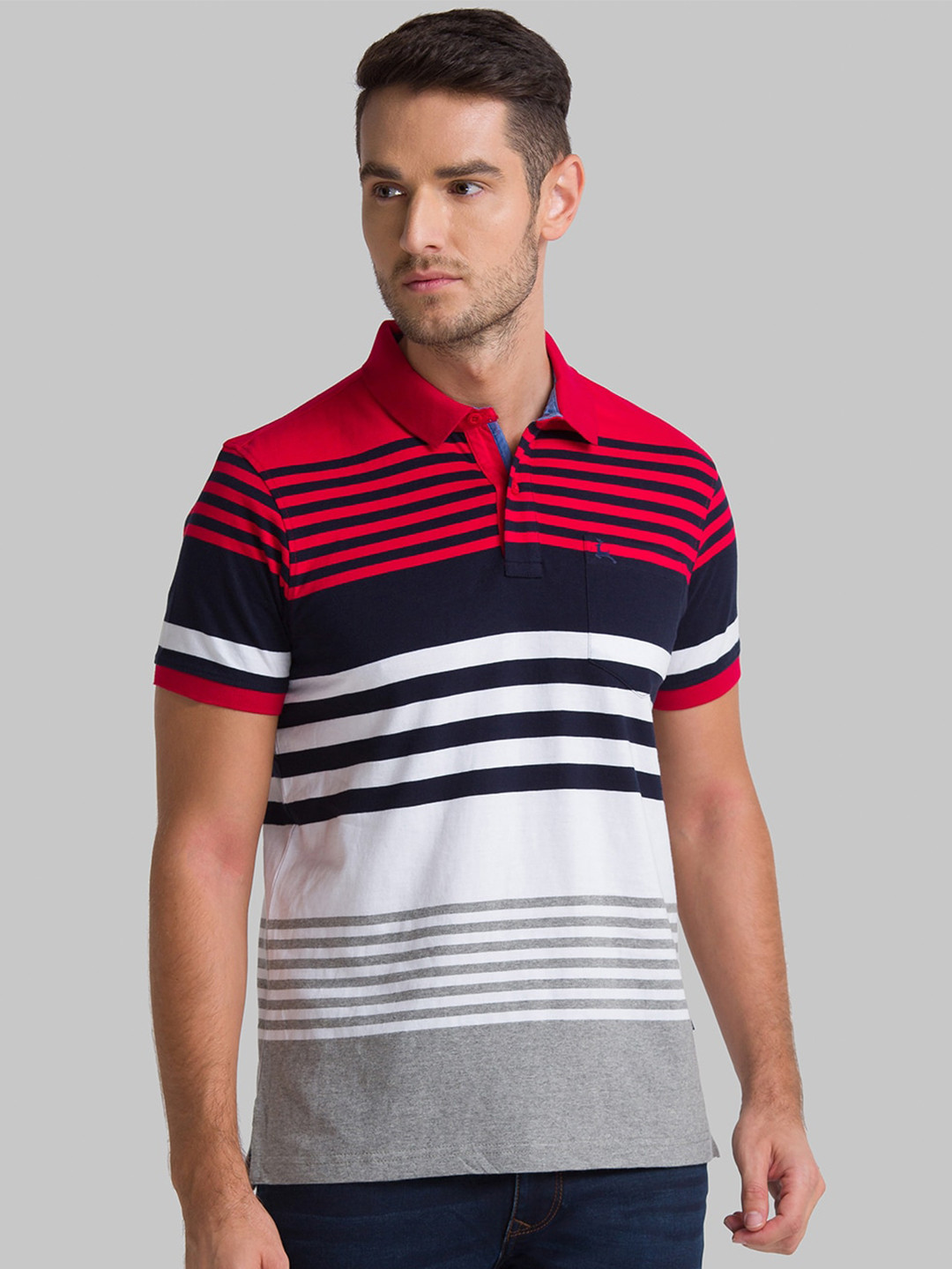 

Parx Men Red & White Striped Polo Collar Pockets T-shirt