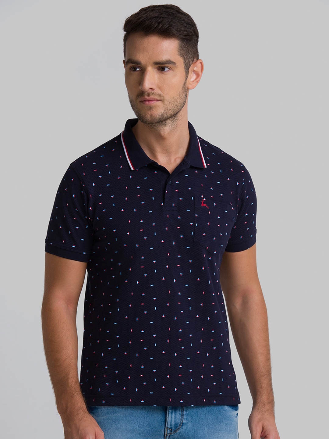 

Parx Men Blue Printed Polo Collar T-shirt