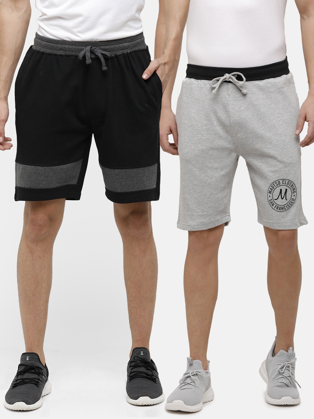 

MADSTO Men Pack Of 2 Black & Grey Cotton Shorts