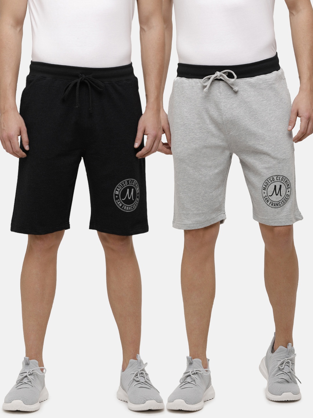 

MADSTO Men Pack of 2 Black & Grey Cotton Lounge Shorts