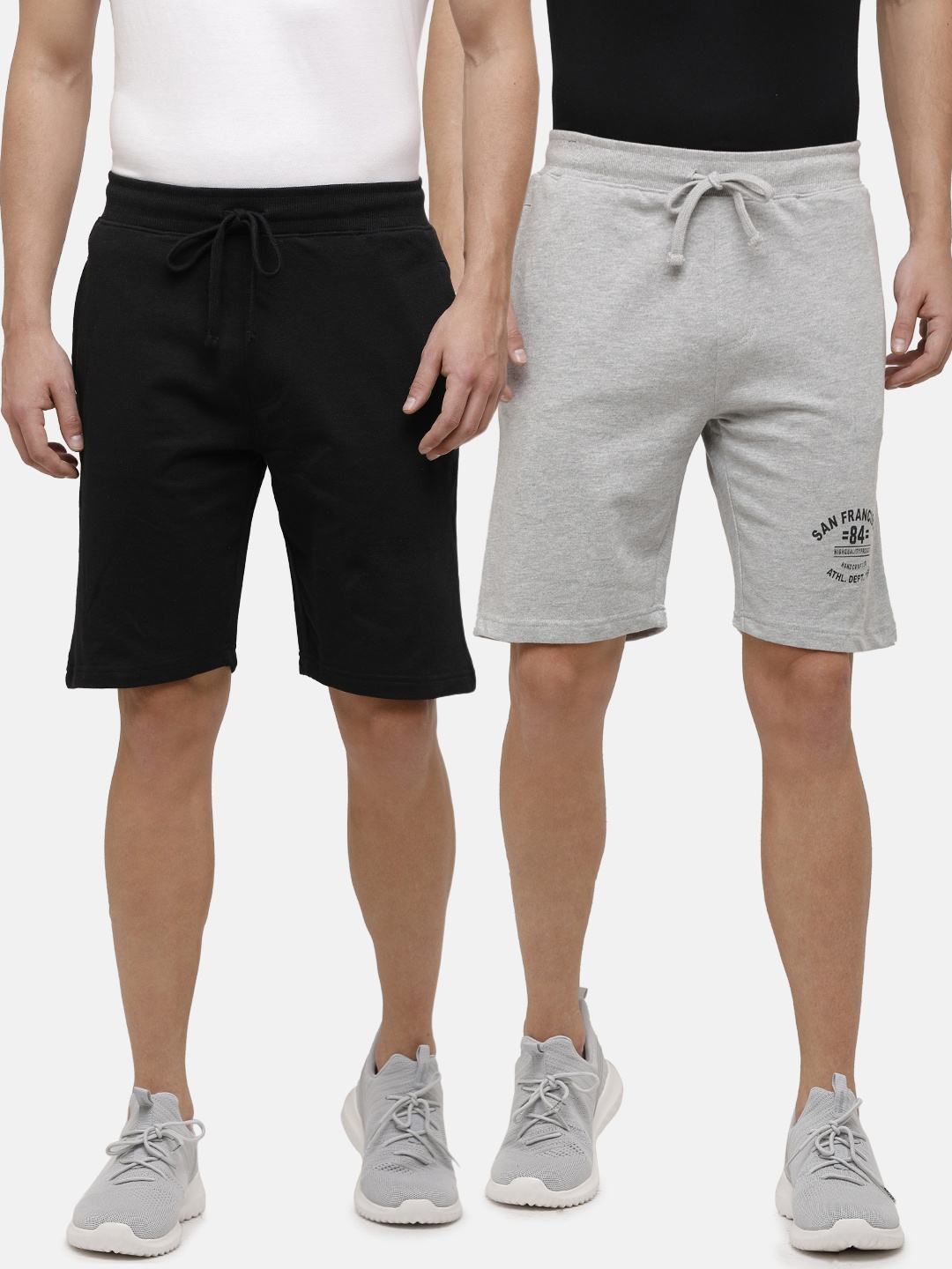 

MADSTO Men Pack Of 2 Black & Grey Melange Cotton Shorts