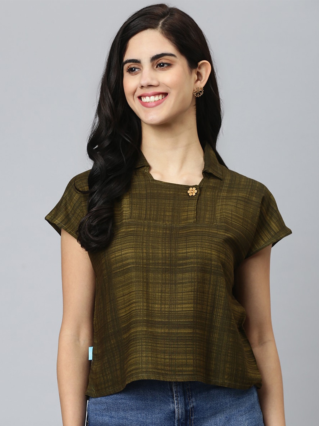 

FLAMBOYANT Green Self Design Crop Top