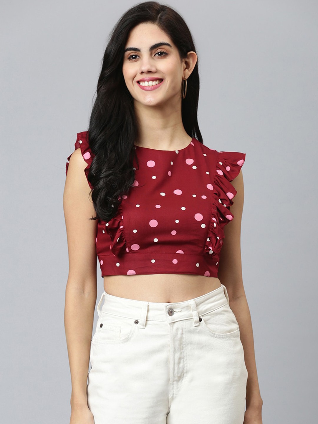 

FLAMBOYANT Women Maroon Polka Dot Print Crop Top
