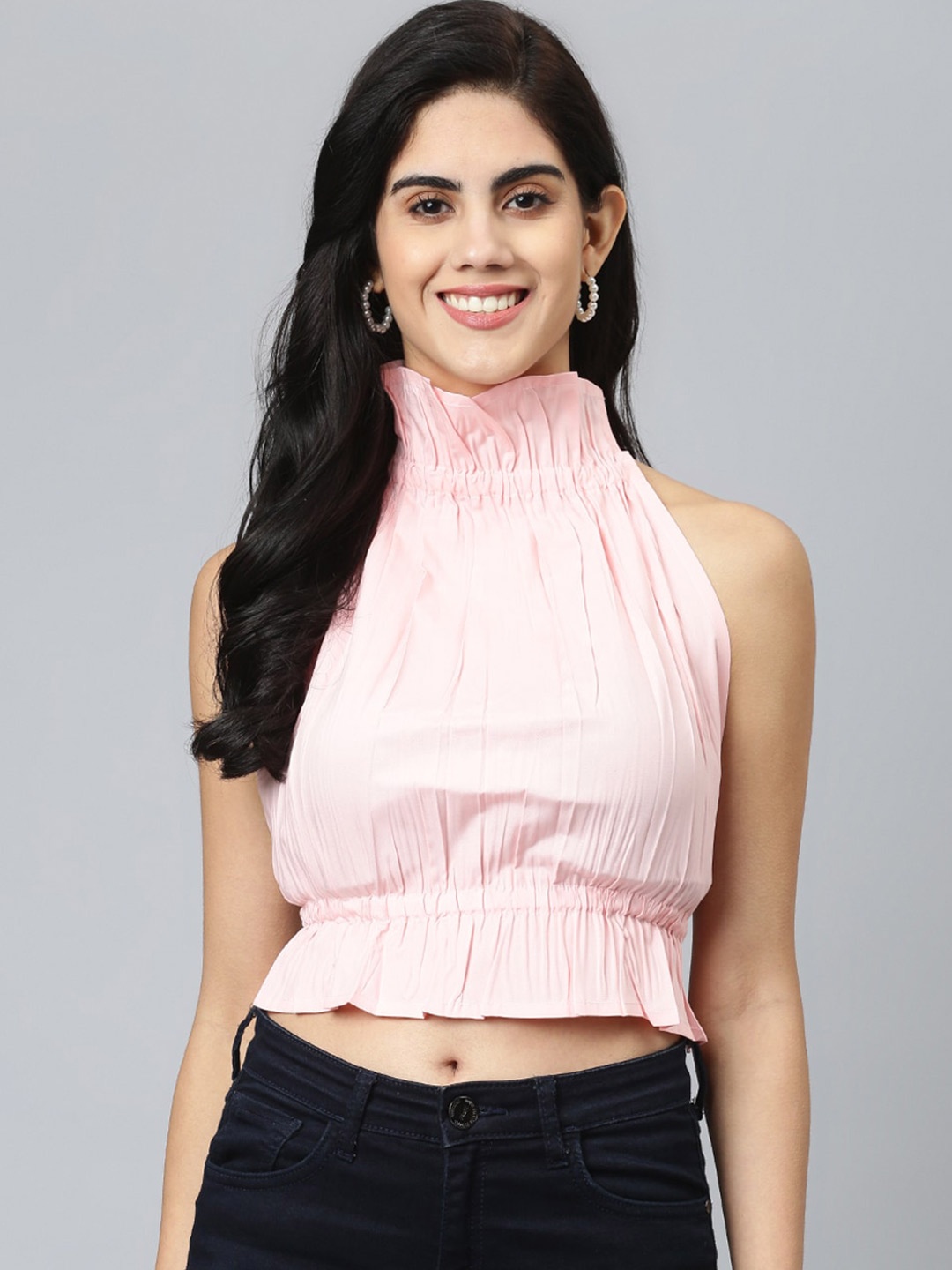 

FLAMBOYANT Women Pink Solid Cinched Waist Crop Top