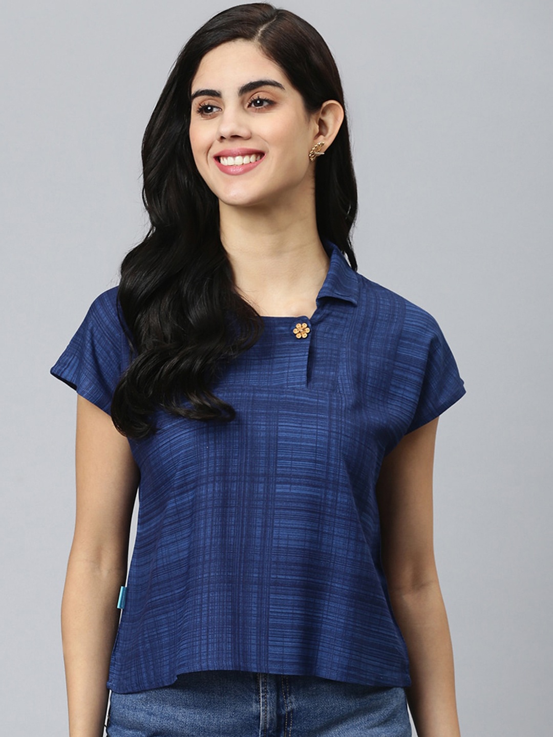 

FLAMBOYANT Women Navy Blue Woven Design Crop Top