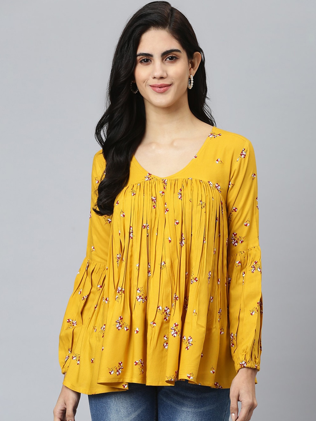 

FLAMBOYANT Women Mustard Yellow Floral Print A-Line Top
