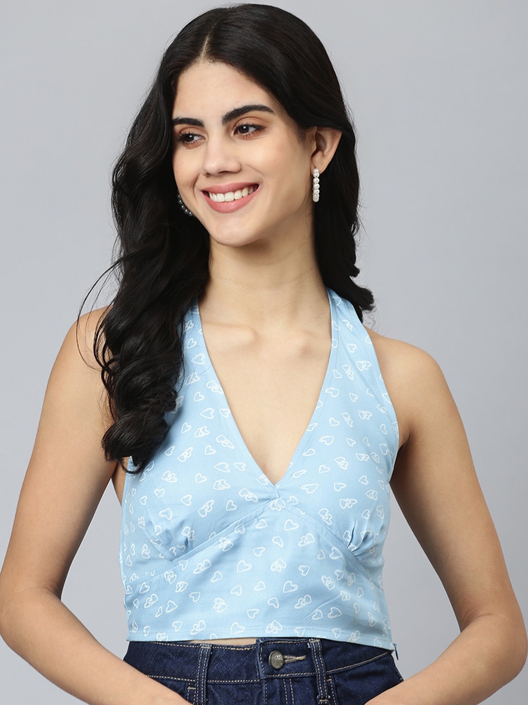 

FLAMBOYANT Blue Printed Denim Crop Top