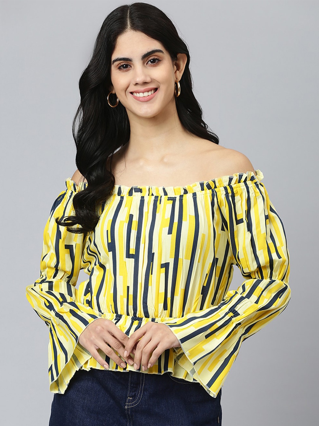 

FLAMBOYANT Women Yellow & Navy Blue Striped Off-Shoulder Bardot Top