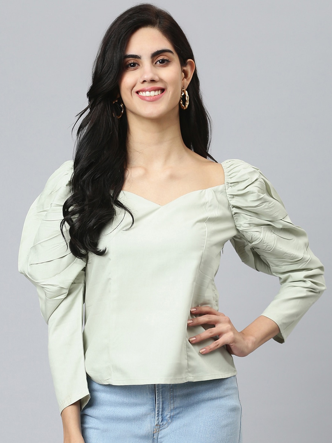 

FLAMBOYANT Women Green Sweetheart Neck Top