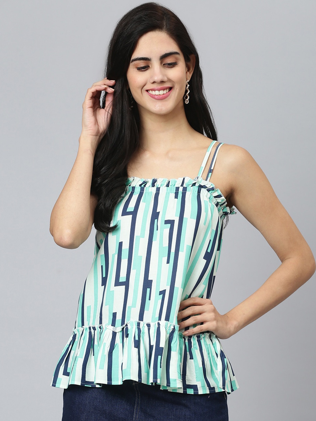 

FLAMBOYANT Women Green Print Peplum Top