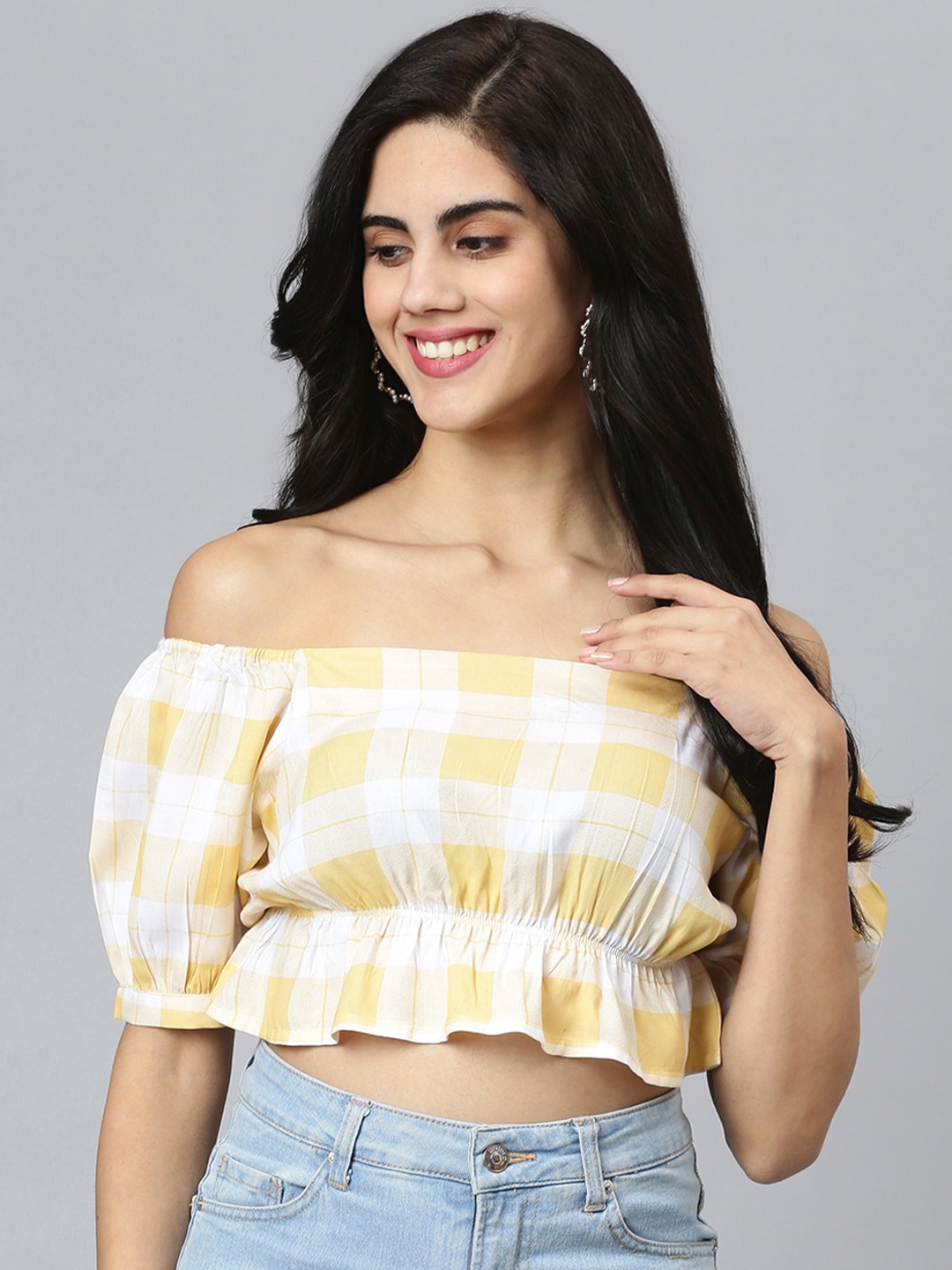 

FLAMBOYANT Yellow & White Checked Off-Shoulder Bardot Crop Top