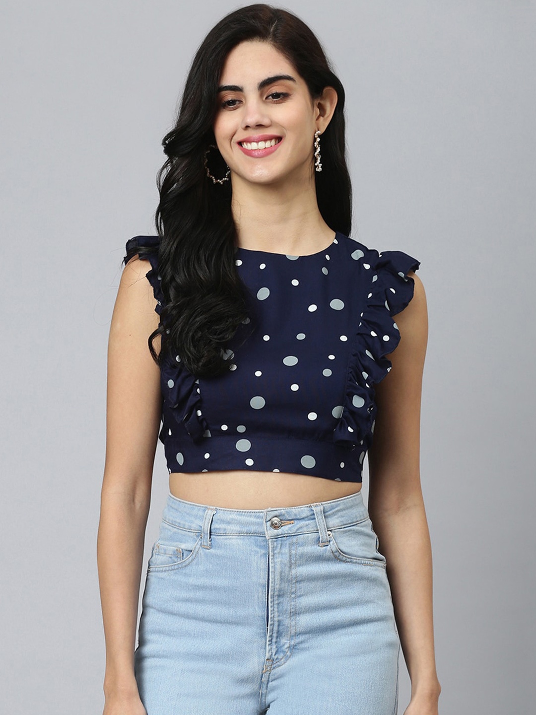 

FLAMBOYANT Women Blue Polka Dot Printed Styled Back Tie Ups Crop Top