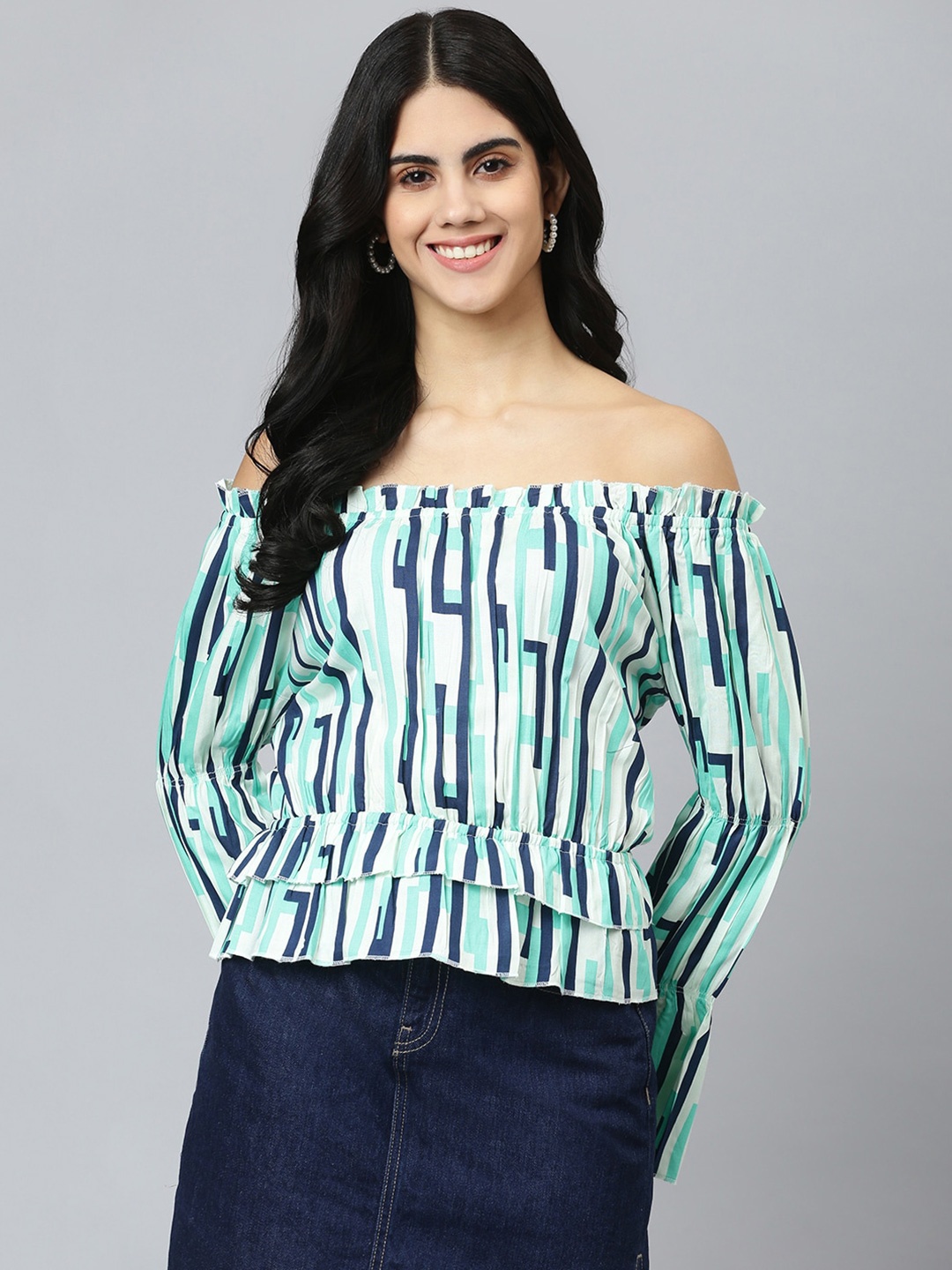 

FLAMBOYANT Women Multi Color Striped Off-Shoulder Bardot Top