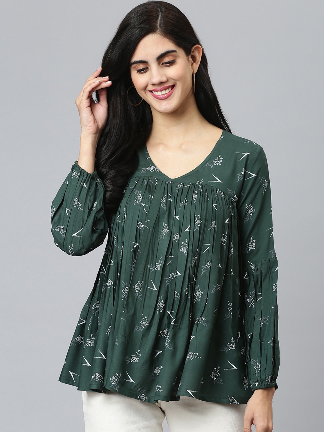 FLAMBOYANT Green & White Floral Print Long Sleeves Top
