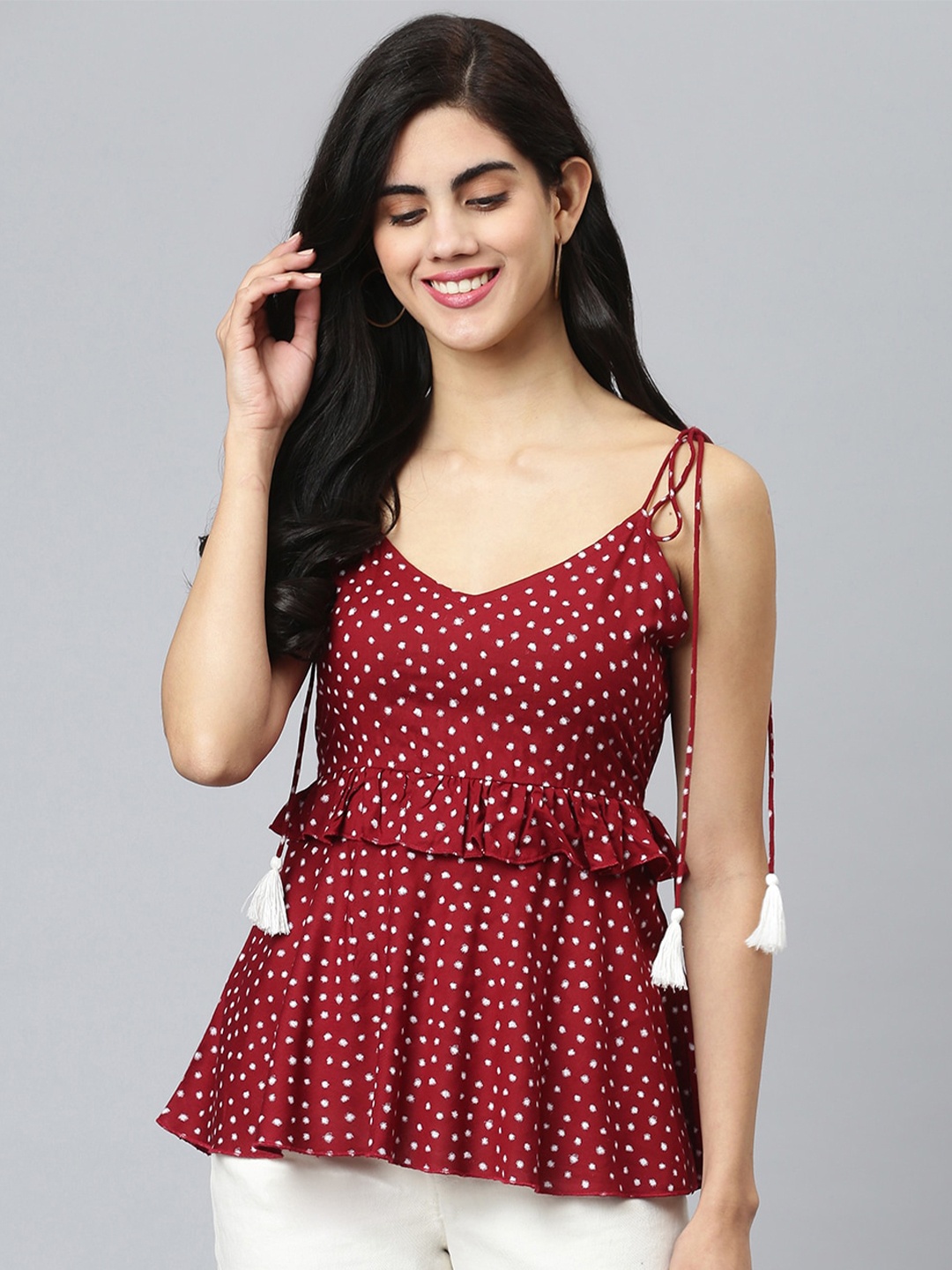 

FLAMBOYANT Maroon & White Printed Tiered Top
