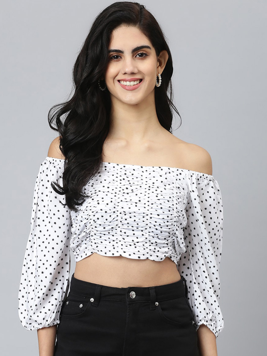 

FLAMBOYANT Women White & Black Printed Off-Shoulder Bardot Crop Top