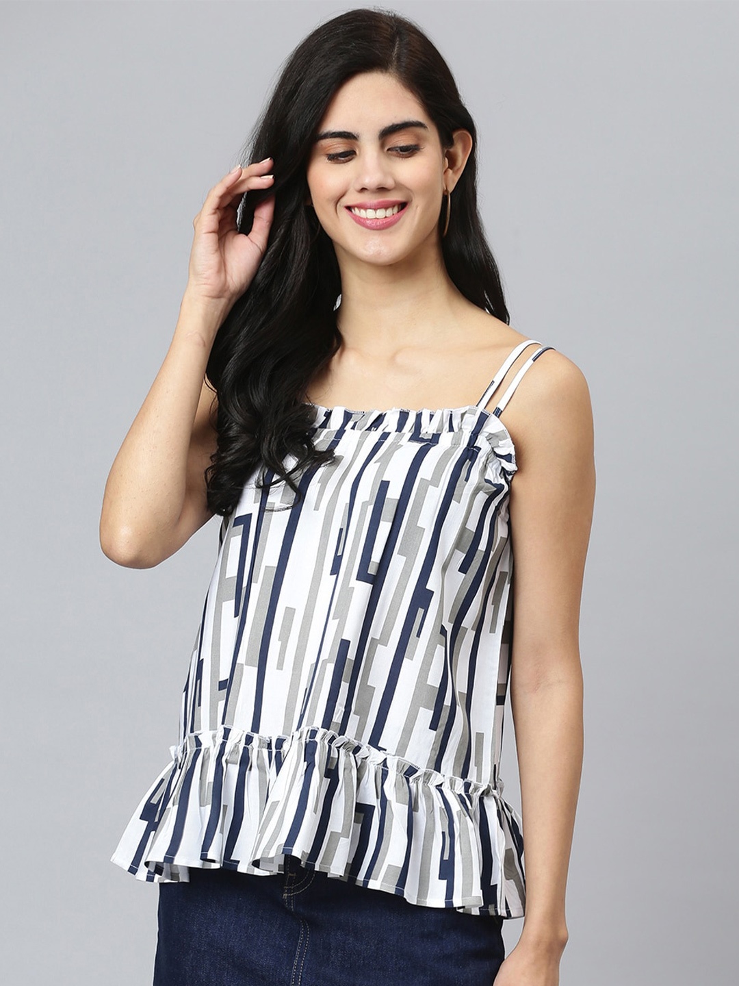 

FLAMBOYANT Women White & Navy Blue Vertical Striped Peplum Top