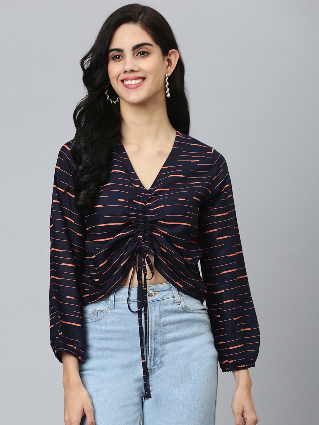 FLAMBOYANT Women Orange & Navy Blue Striped Crop Top