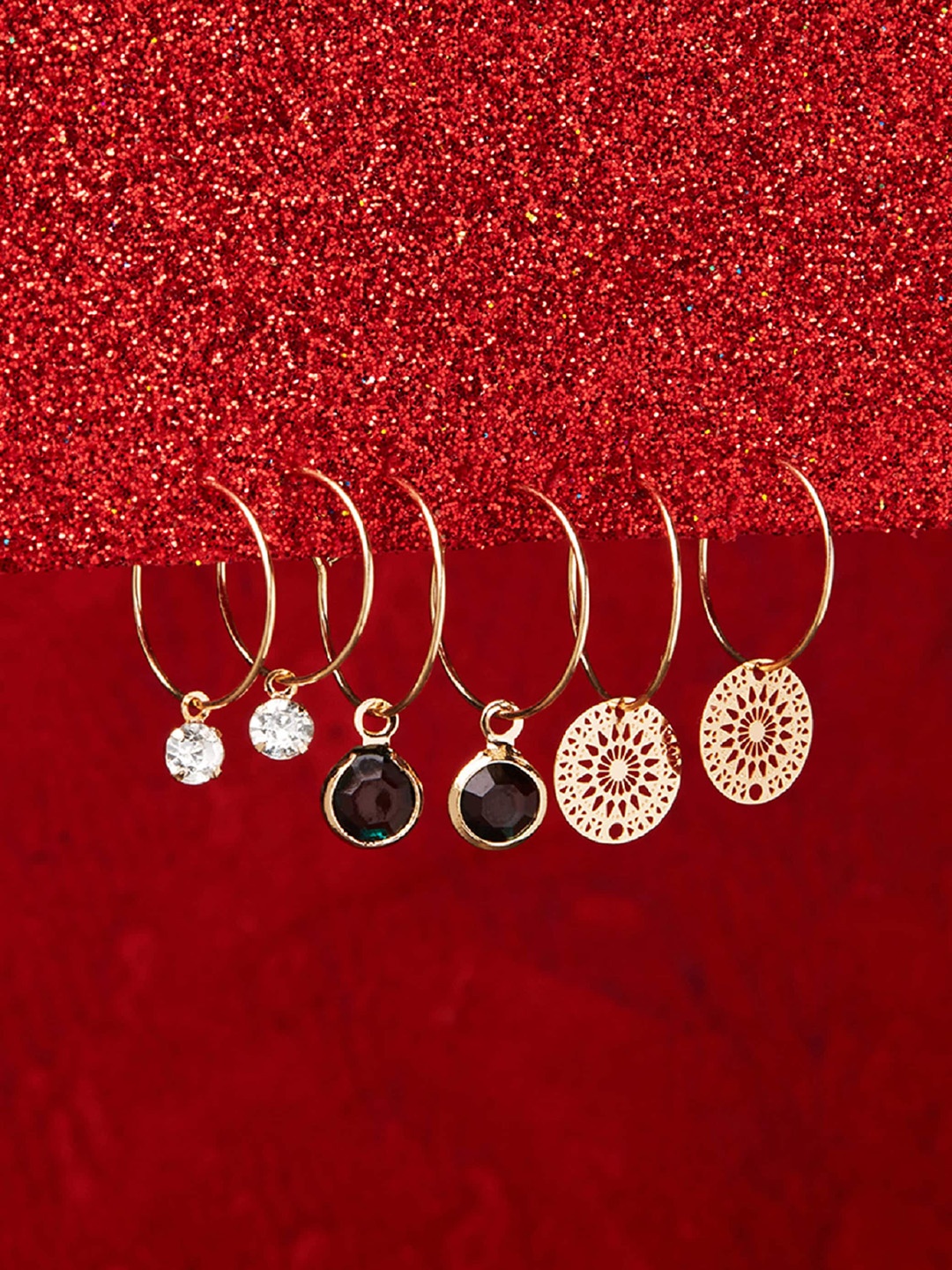 

Accessorize London Set Of 3 Filigree Stone Hoop Earrings, Gold