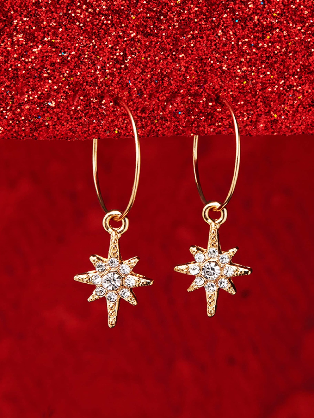 

Accessorize London Gold-Toned & White Star Hoop Drop Earrings