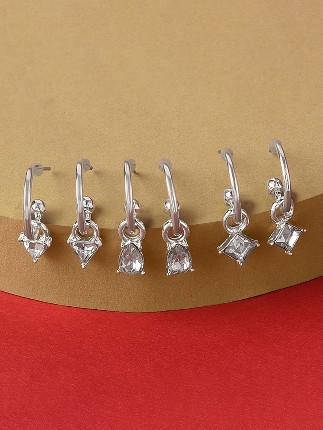 

Accessorize London Set Of 3 Silver-Toned Mixed Shape Gem Huggies Earrings