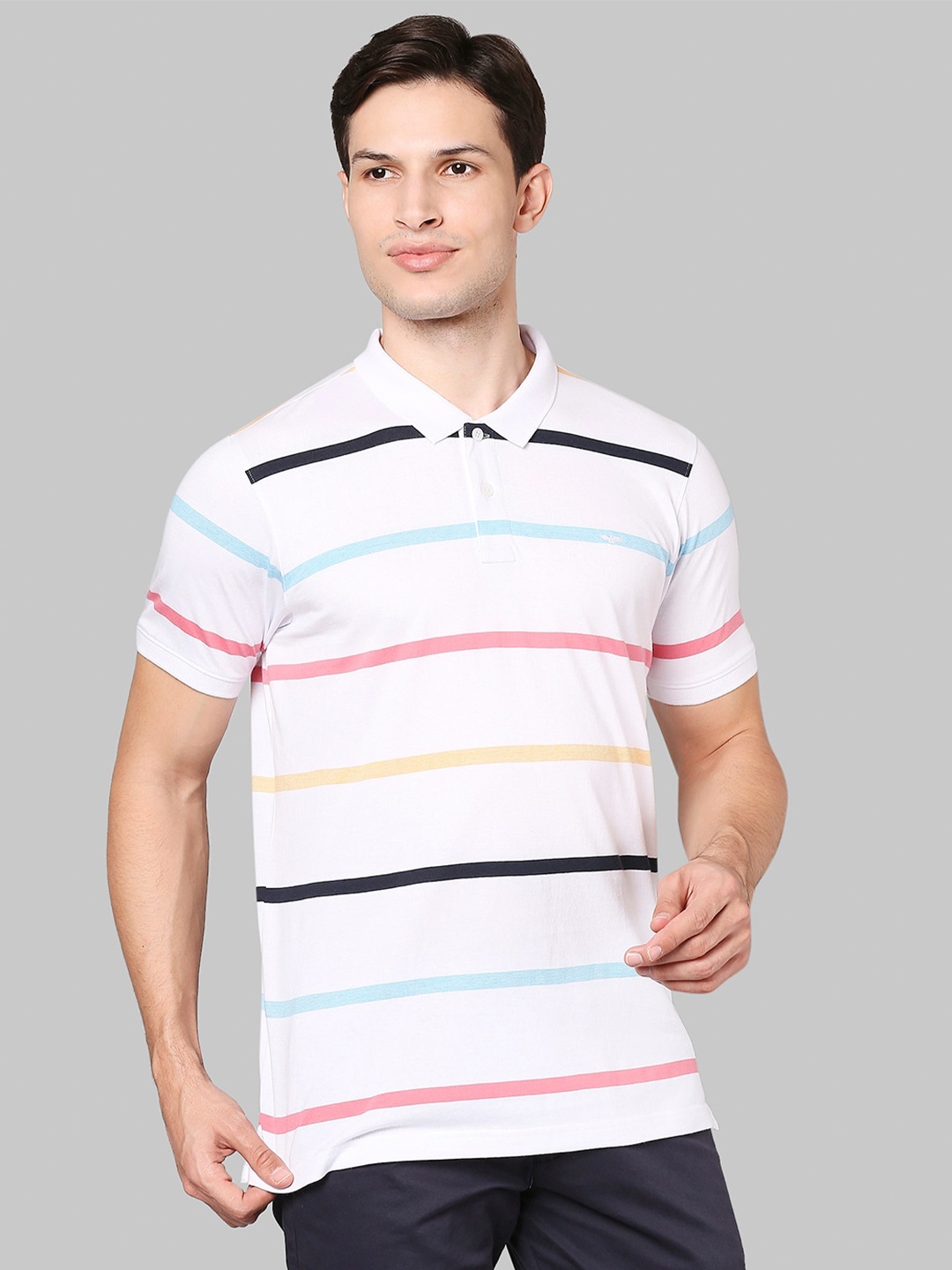 

Park Avenue Men White & Black Striped Mandarin Collar Slim Fit T-shirt