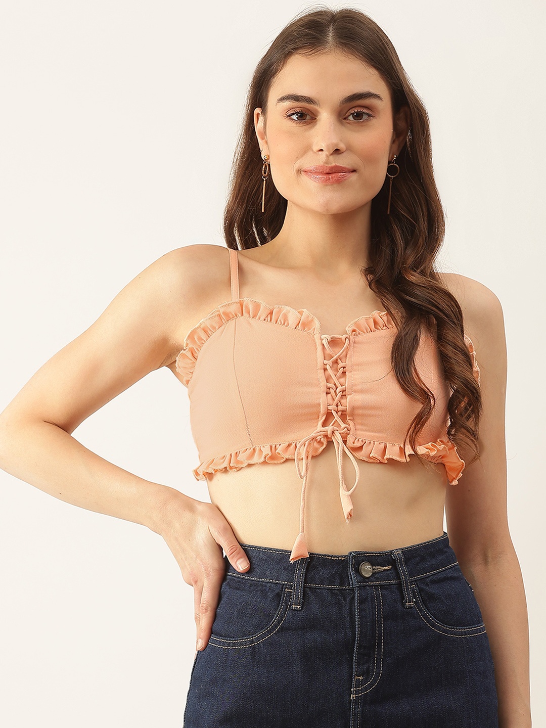 

Besiva Peach-Coloured Georgette Bralette Crop Top