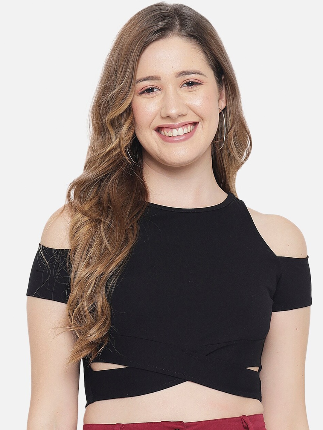 

LE BOURGEOIS Women Black Cold Shoulder Crop Top