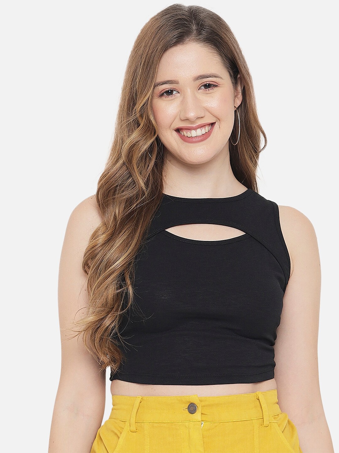 

LE BOURGEOIS Black Solid Crop Fitted Top