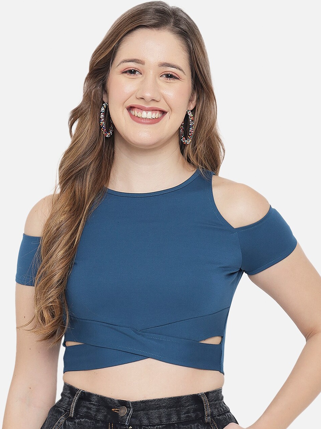 

LE BOURGEOIS Teal Solid Crop Fitted Top