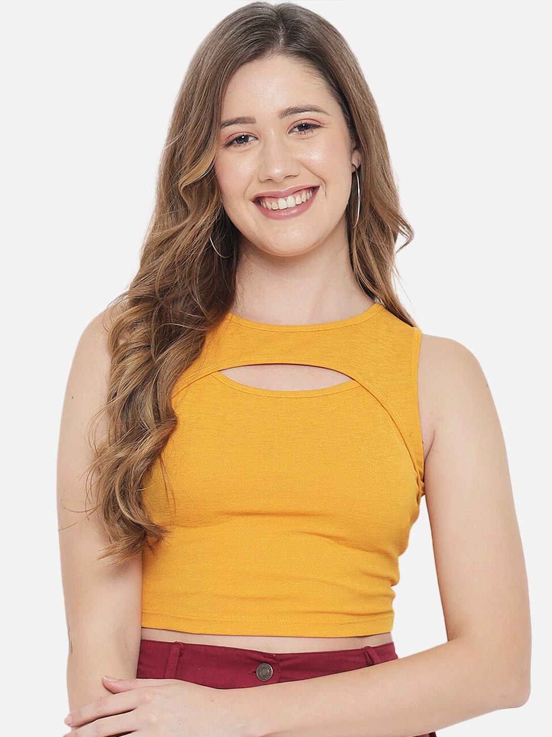 

LE BOURGEOIS Mustard Yellow Solid Cut Out Crop Top