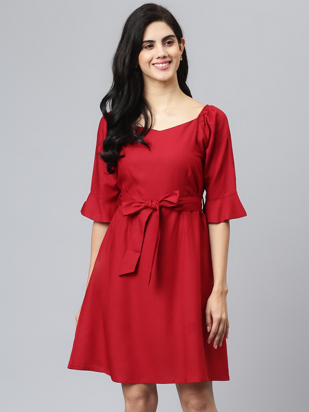 

FLAMBOYANT Women Maroon Solid Sweetheart Neck A-Line Dress
