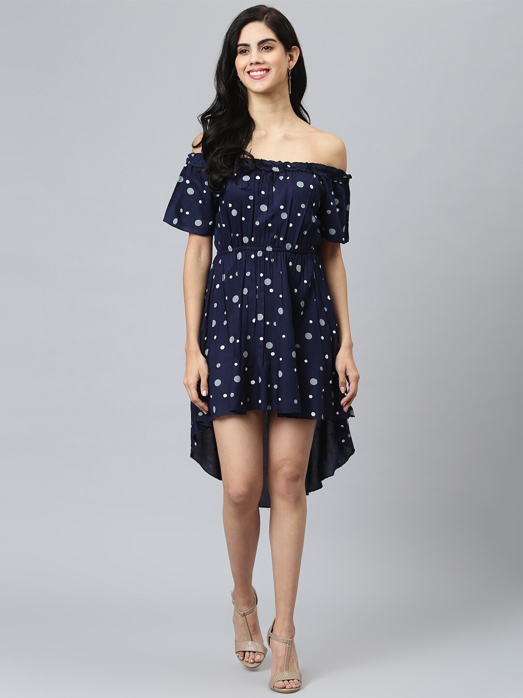 

FLAMBOYANT Blue Polka Dots Printed Off-Shoulder High Low Dress