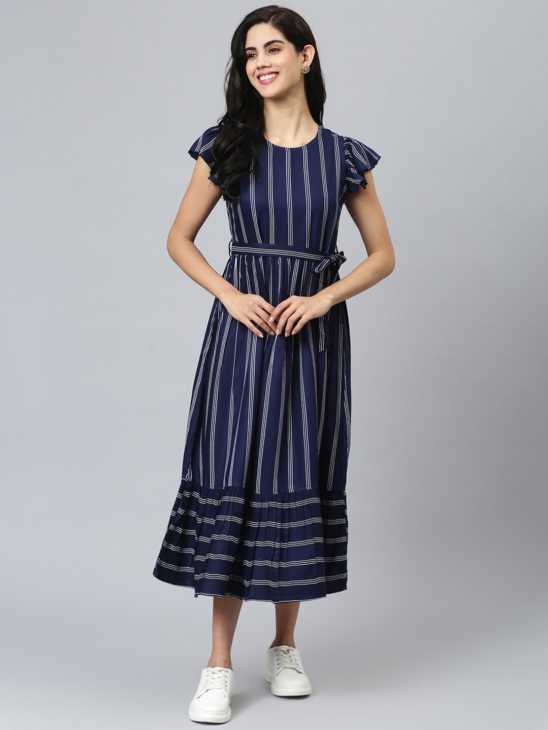 

FLAMBOYANT Blue Striped A-Line Midi Denim Tencel Dress, Navy blue