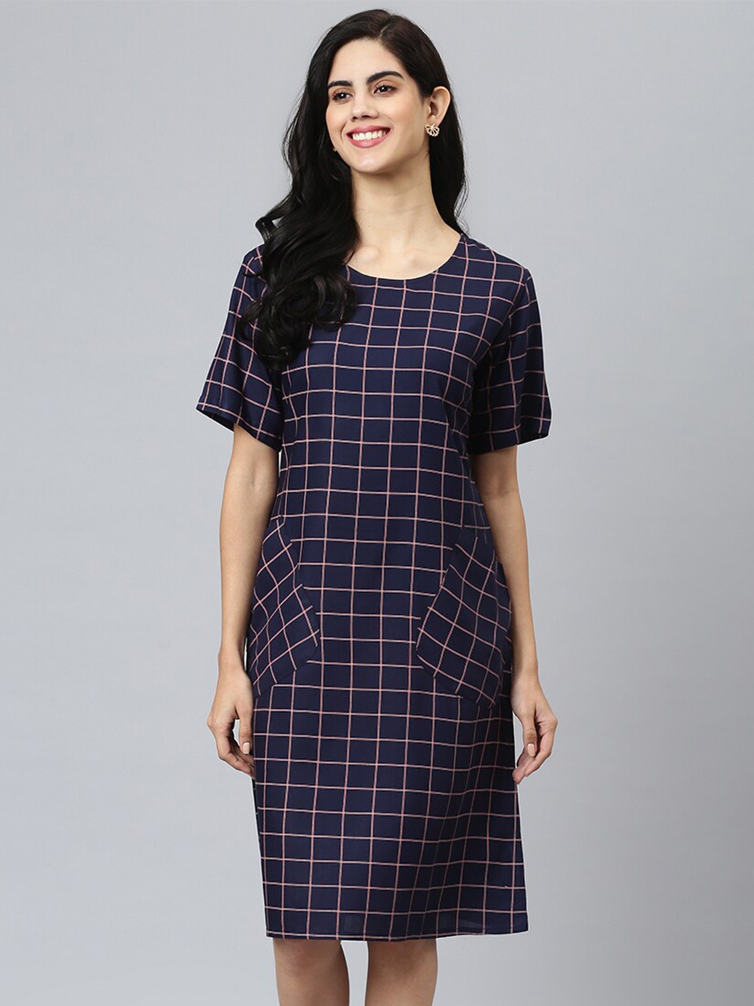 

FLAMBOYANT Navy Blue Checked A-Line Dress