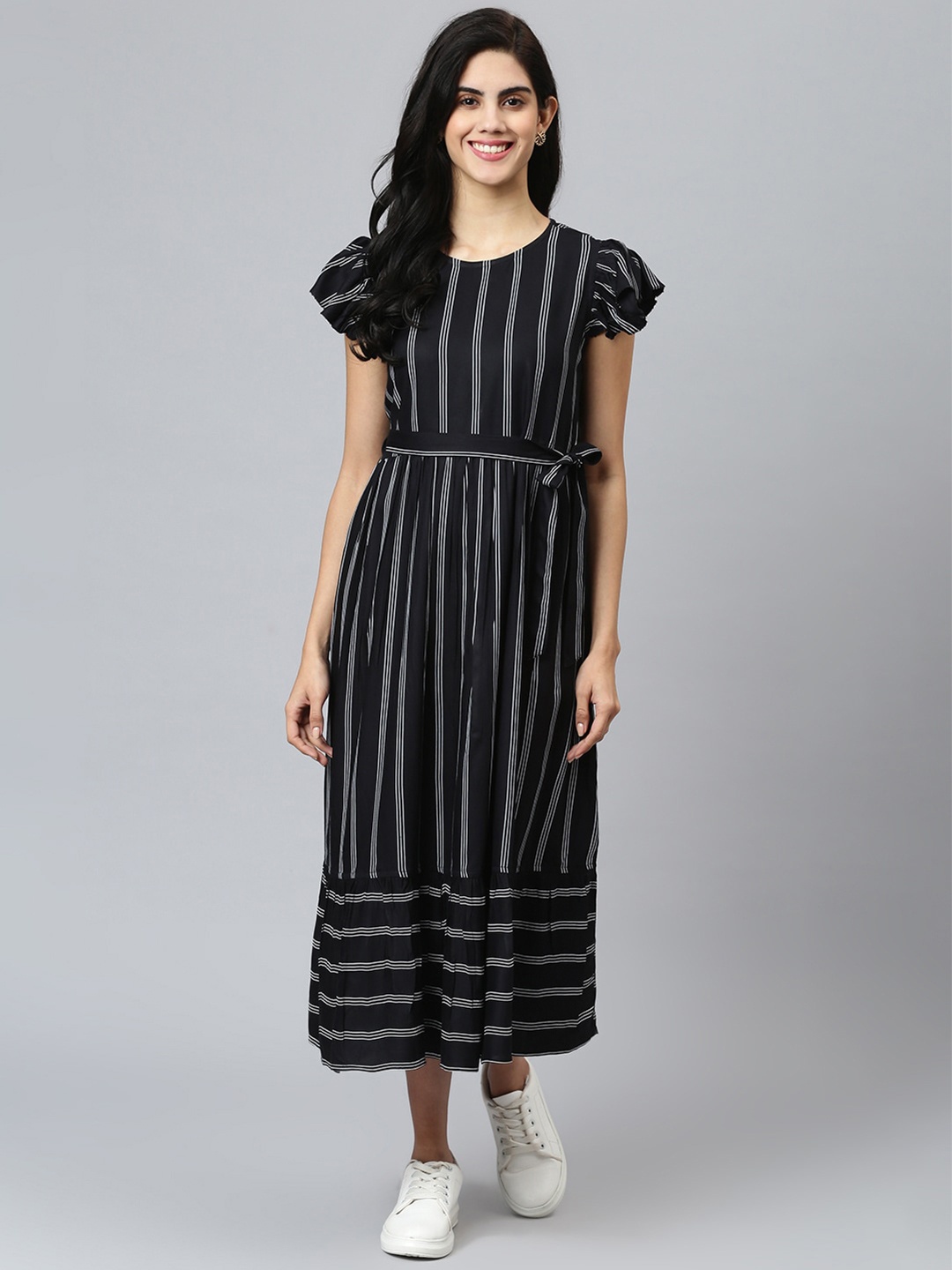 

FLAMBOYANT Black Striped A-Line Midi Dress
