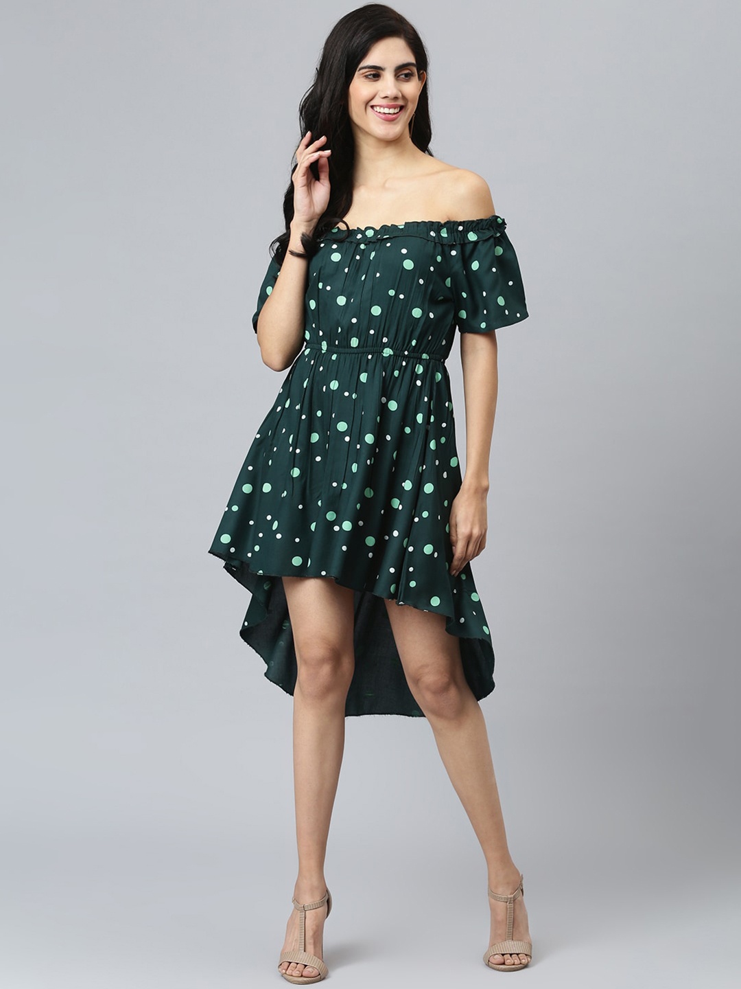 FLAMBOYANT Green Off-Shoulder Printed High-Low Fit & Flare Dress