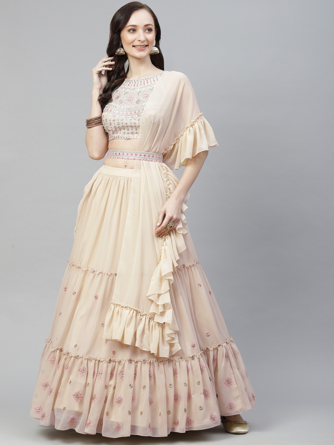 

Readiprint Fashions Cream-Coloured Embroidered Unstitched Lehenga & Blouse With Dupatta