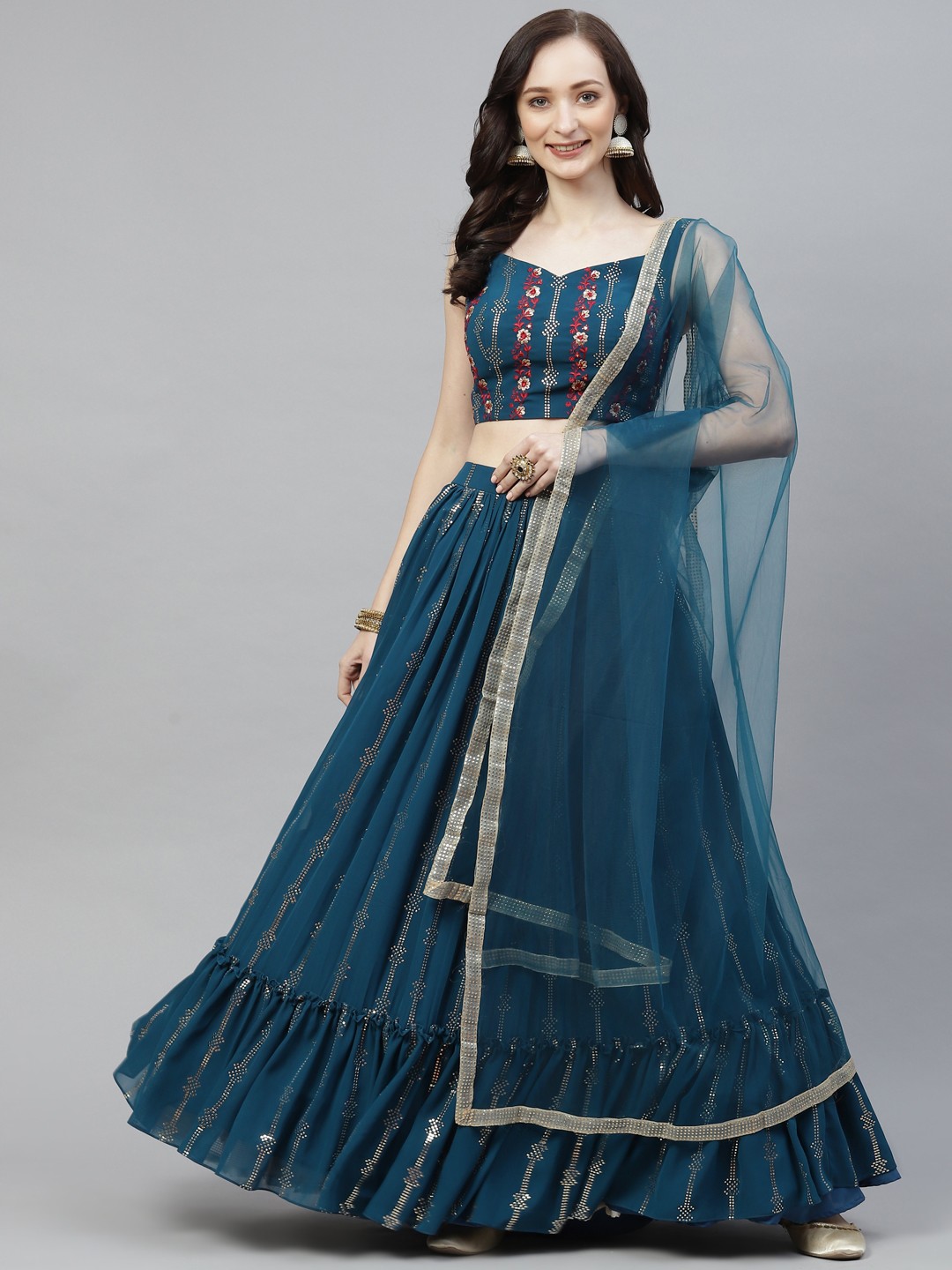 

Readiprint Fashions Teal & Gold-Toned Embroidered Unstitched Lehenga & Blouse With Dupatta