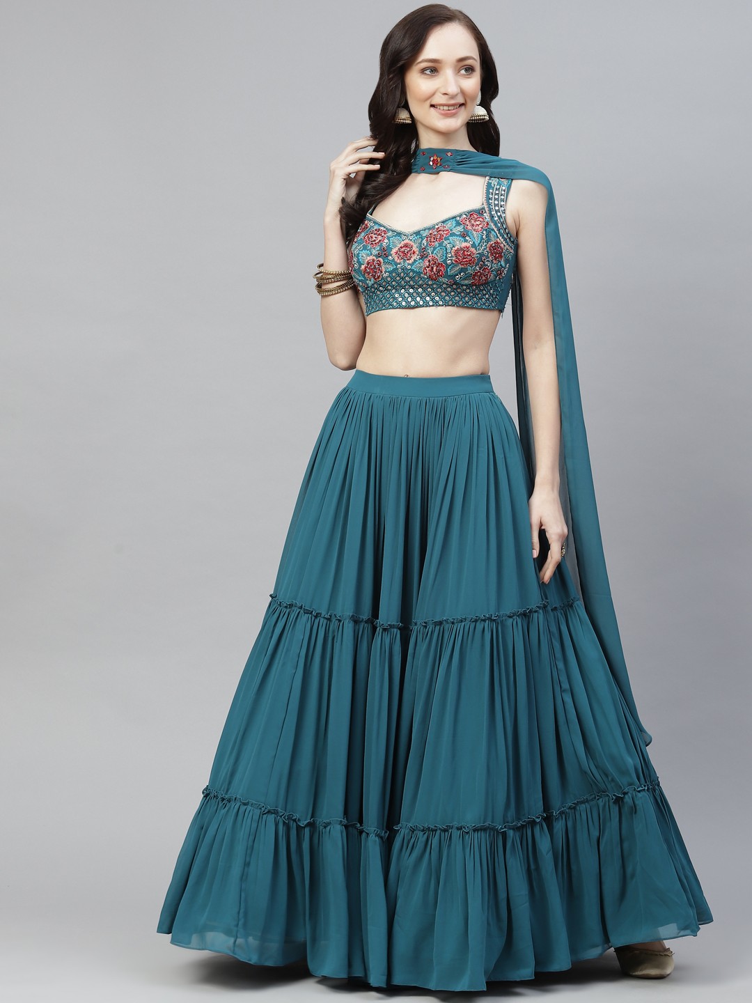 

Readiprint Fashions Teal Blue & Gold Embroidered Unstitched Lehenga & Blouse With Dupatta
