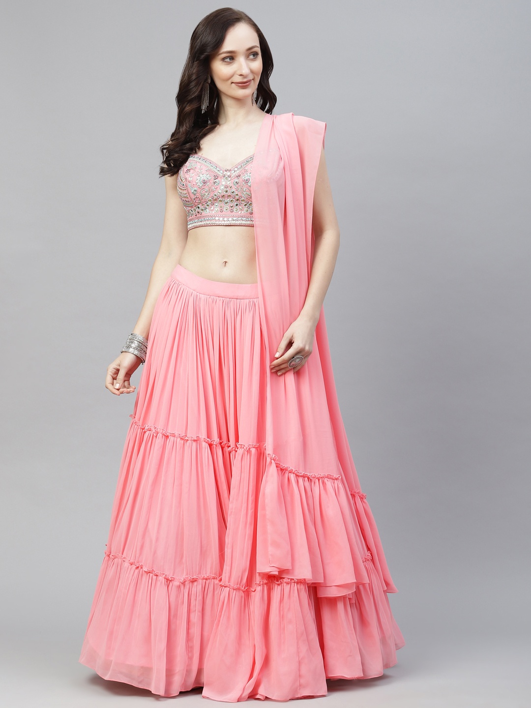 

Readiprint Fashions Pink & Gold-Toned Embroidered Unstitched Lehenga & Blouse With Dupatta