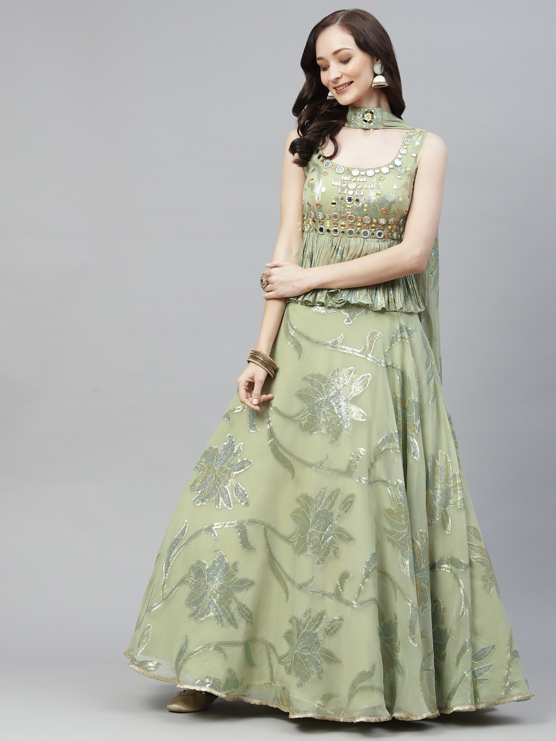 

Readiprint Fashions Green & Silver Mirror Work Unstitched Lehenga & Blouse With Dupatta