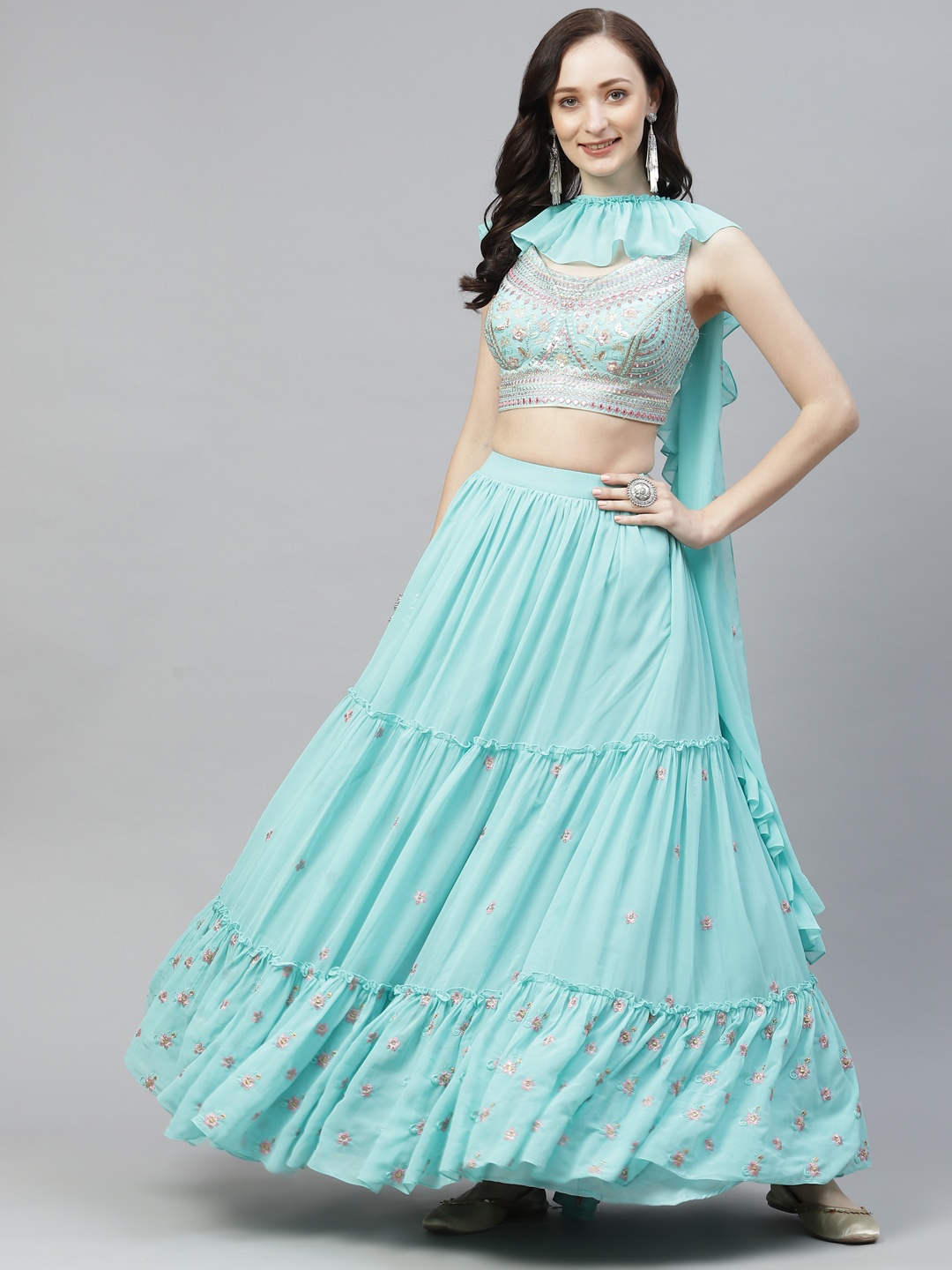 

Readiprint Fashions Sea Green & Silver Embroidered Zari Unstitched Lehenga Blouse Dupatta