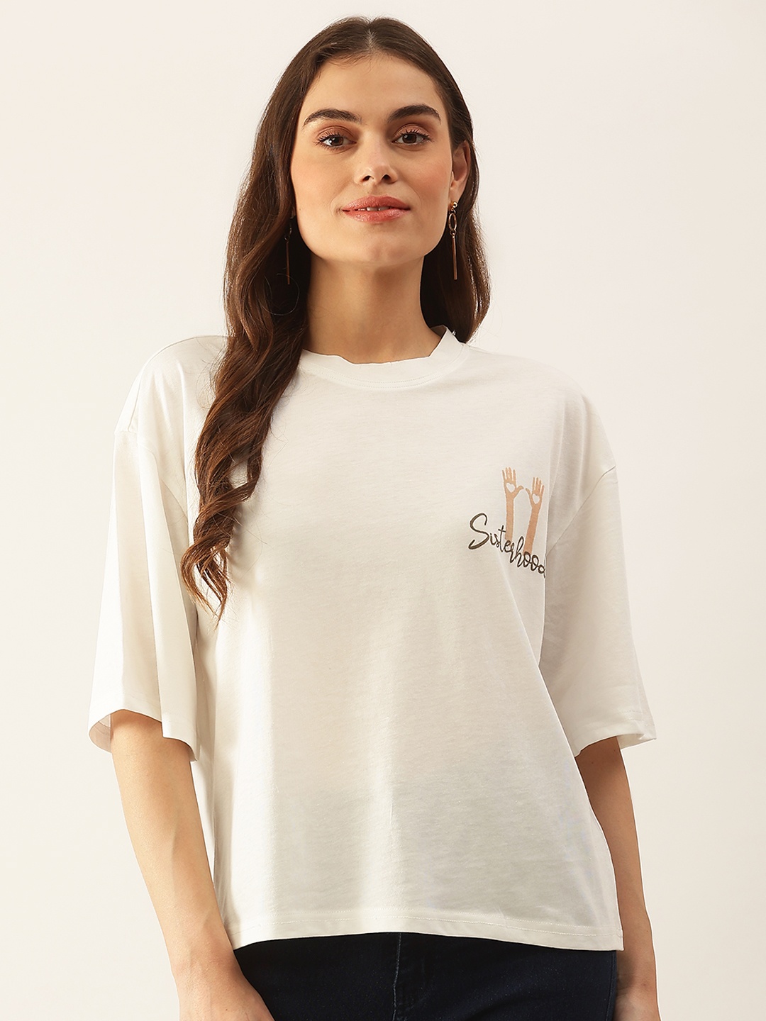 

Besiva Women White Printed Drop-Shoulder Sleeves T-shirt