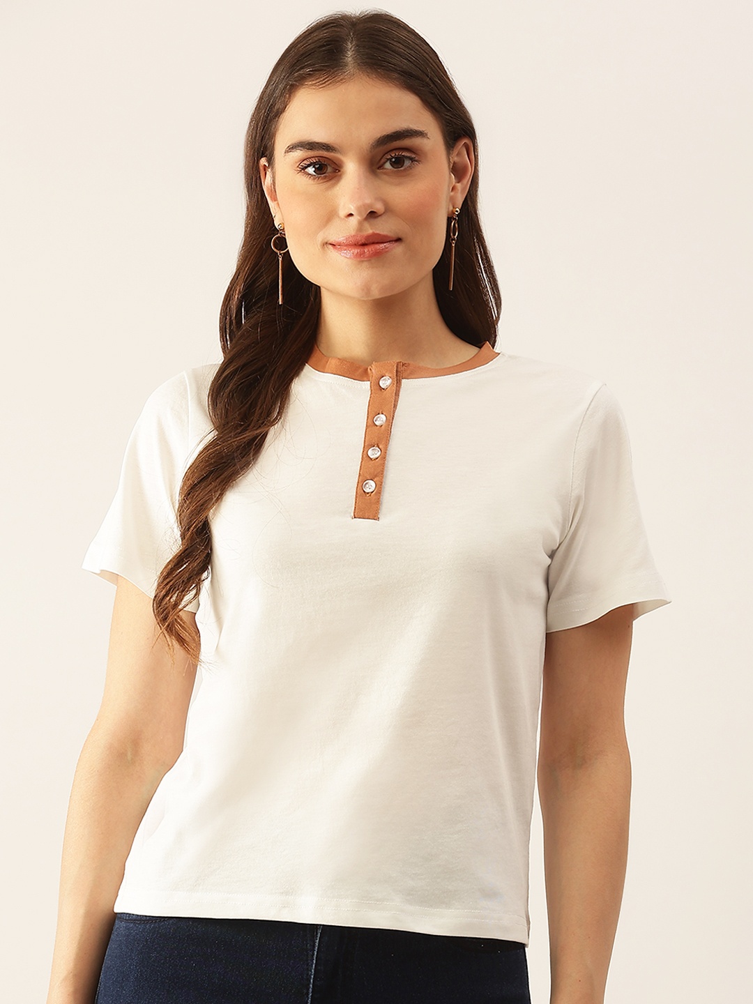 

Besiva Women White & Brown Henley Neck T-shirt