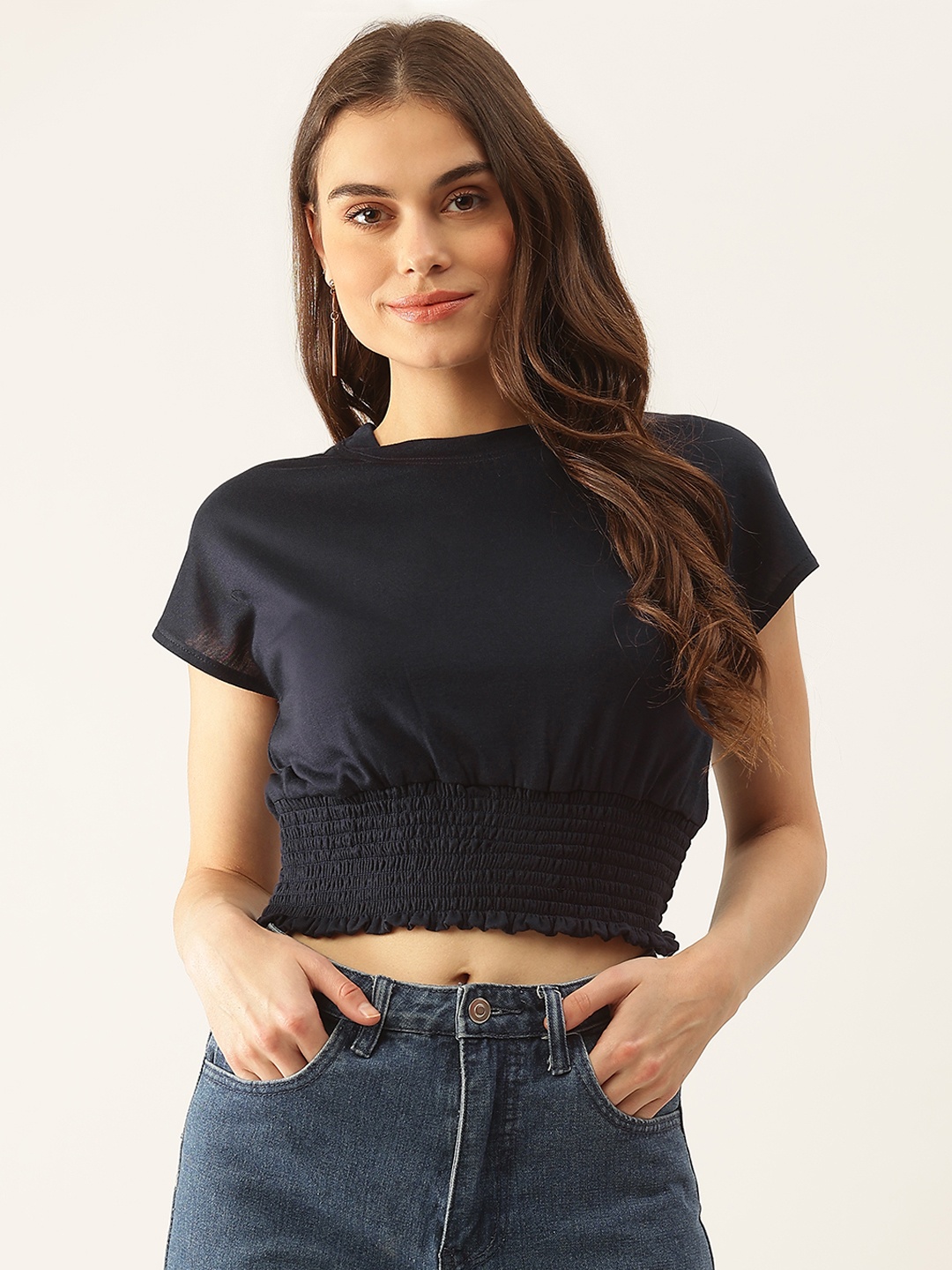 

Besiva Navy Blue Extended Sleeves Crop Top