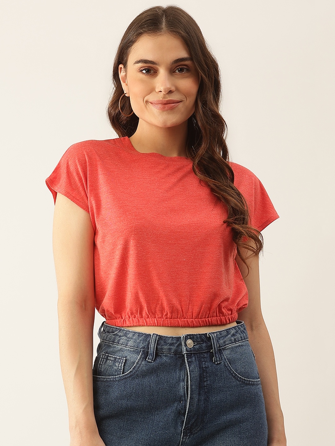 

Besiva Women Red Extended Sleeves Crop T-shirt