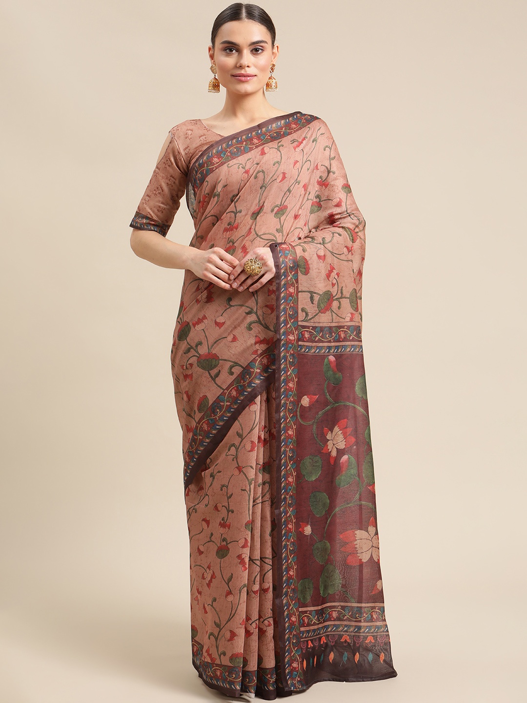 

Mitera Beige Floral Silk Blend Chanderi Saree