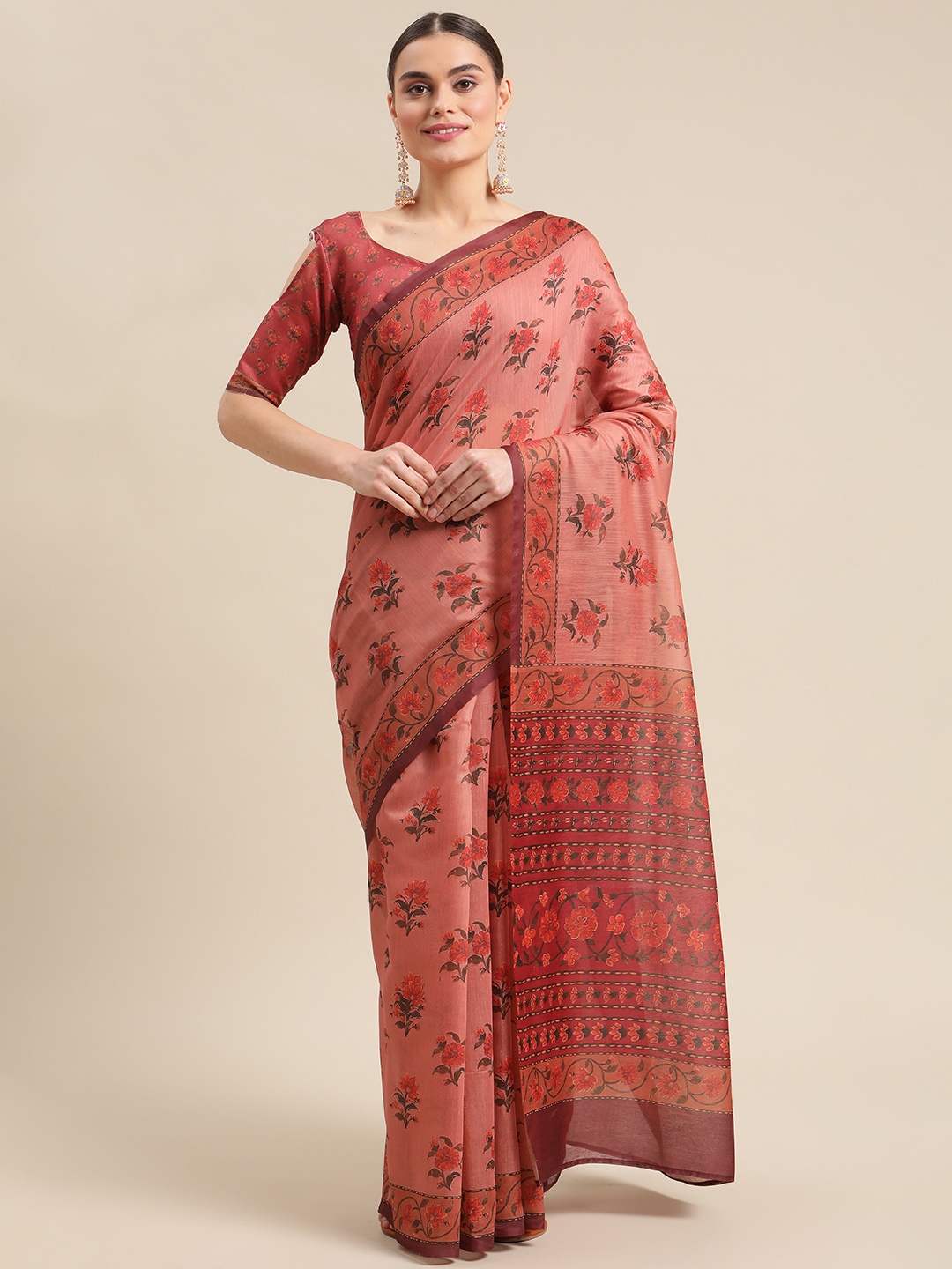 

Mitera Pink Floral Silk Blend Chanderi Saree