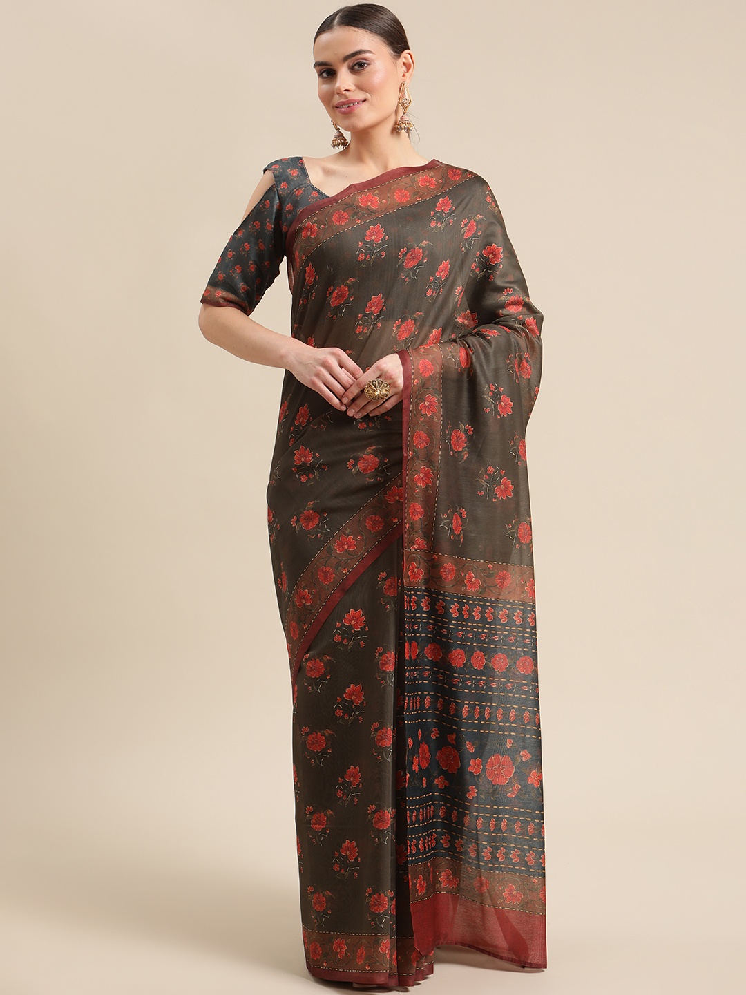 

Mitera Olive Green & Red Floral Silk Blend Chanderi Saree